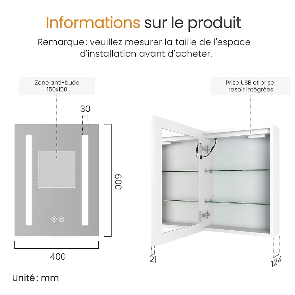 EMKE Armoire de Toilette 1 Porte - Charnières Gauche, LED Ajustable 3000K-6500K, Anti-Buée, Soft Close, Prises USB
