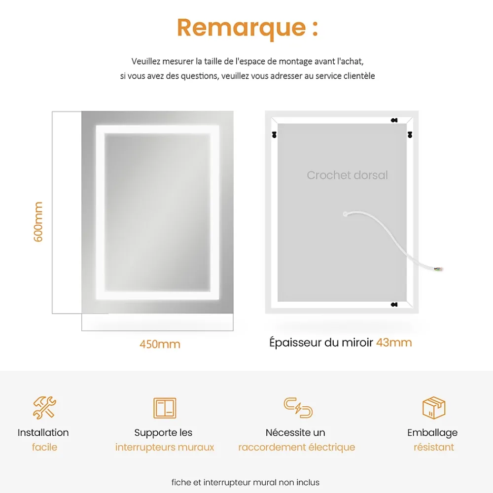 EMKE Armoire de Toilette 1 Porte - Charnières Gauche, LED Ajustable 3000K-6500K, Anti-Buée, Soft Close, Prises USB