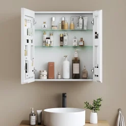 EMKE Armoire de toilette 2 portes 65x50 cm blanche, miroir avec rangement intégré, tablettes en verre réglables