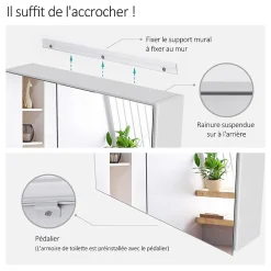 EMKE Armoire de toilette murale - Miroir double face, blanc mat - 60 x 65 cm - Fermeture douce - Tablettes en verre réglables