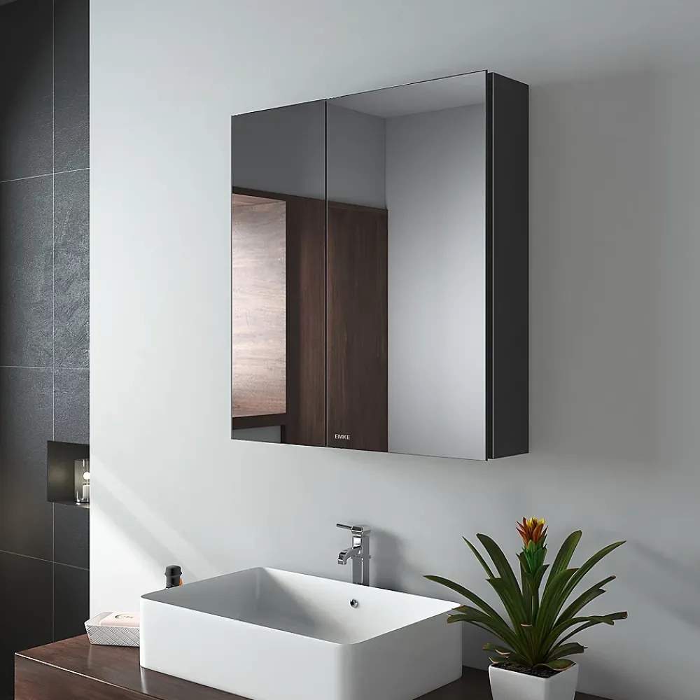 Armoire De Toilette|EMKE Armoire de toilette murale - Miroir double face, noir mat - 60 x 65 cm - Fermeture douce - Tablettes en verre réglables
