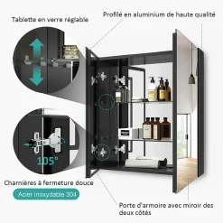 Armoire De Toilette|EMKE Armoire de toilette murale - Miroir double face, noir mat - 60 x 65 cm - Fermeture douce - Tablettes en verre réglables