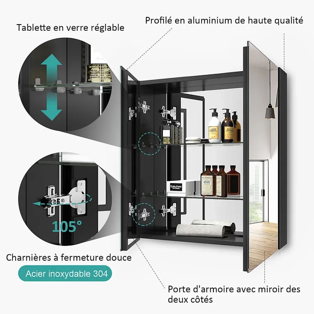Armoire De Toilette|EMKE Armoire de toilette murale - Miroir double face, noir mat - 60 x 65 cm - Fermeture douce - Tablettes en verre réglables
