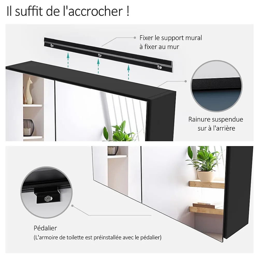 Armoire De Toilette|EMKE Armoire de toilette murale - Miroir double face, noir mat - 60 x 65 cm - Fermeture douce - Tablettes en verre réglables