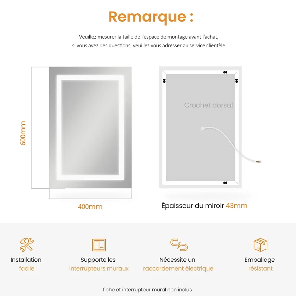 Armoire De Toilette|EMKE Armoire de toilette murale - Miroir double face, noir mat - 60 x 65 cm - Fermeture douce - Tablettes en verre réglables