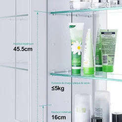 EMKE Armoire de toilette murale avec miroir double face - 85x65 cm - Blanc mat - Fermeture douce - Tablettes en verre ajustables