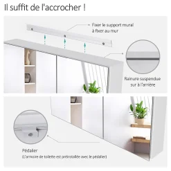 EMKE Armoire de toilette murale avec miroir double face - 85x65 cm - Blanc mat - Fermeture douce - Tablettes en verre ajustables