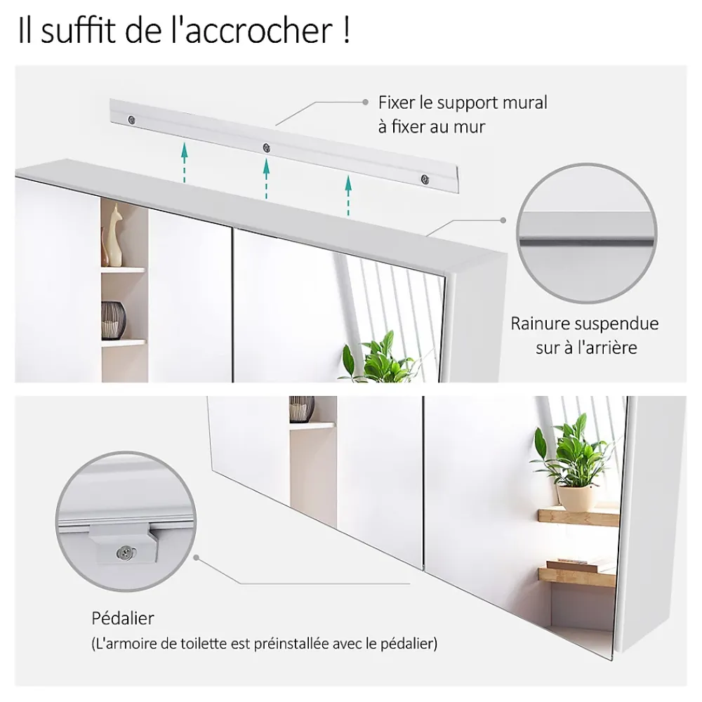 EMKE Armoire de toilette murale avec miroir double face - 85x65 cm - Blanc mat - Fermeture douce - Tablettes en verre ajustables