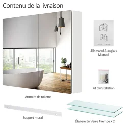 EMKE Armoire de toilette murale avec miroir double face - 85x65 cm - Blanc mat - Fermeture douce - Tablettes en verre ajustables