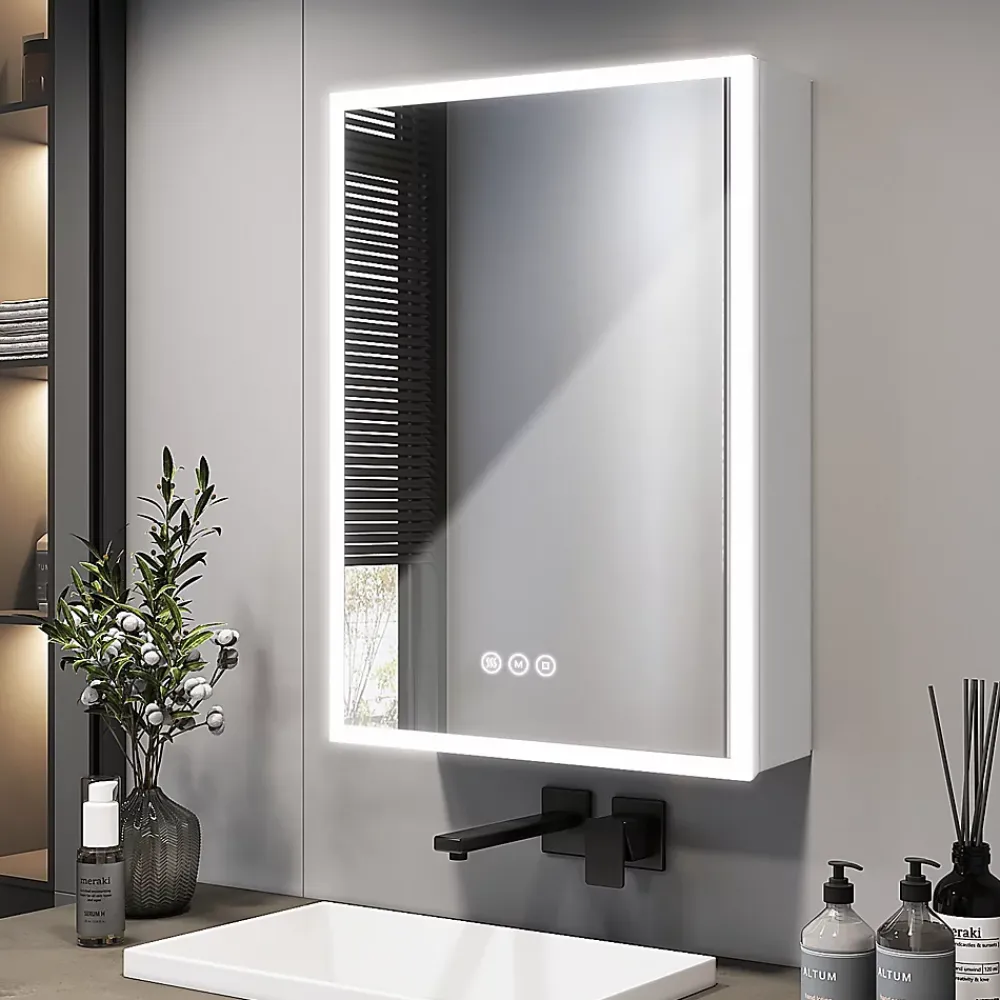 Armoire De Toilette|EMKE Armoire de Toilette LED 50x70cm, Miroir Salle de Bains avec Éclairage 3 Couleurs, Anti-Buée, Prise Intégrée