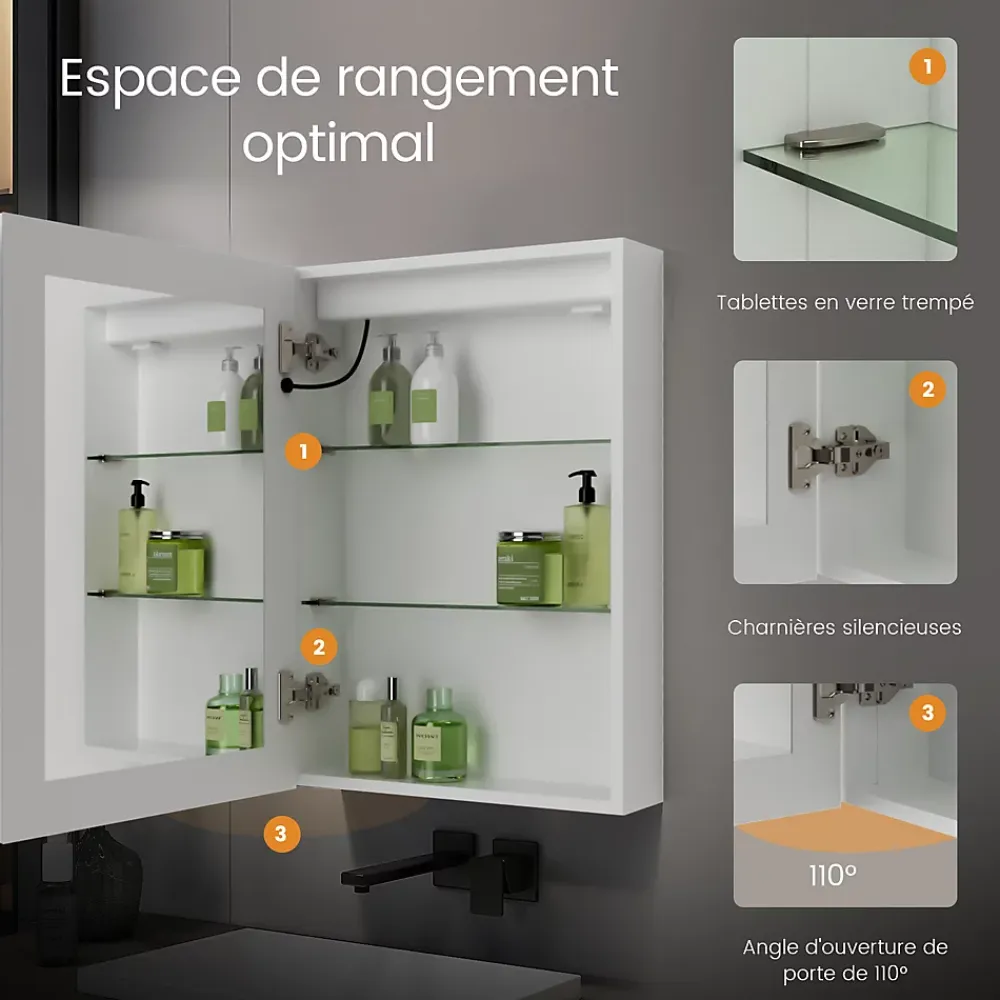 Armoire De Toilette|EMKE Armoire de Toilette LED 50x70cm, Miroir Salle de Bains avec Éclairage 3 Couleurs, Anti-Buée, Prise Intégrée