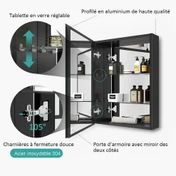 EMKE Armoires de toilette 50x65cm Noir Armoire Salle de Bain en Miroir Double Face