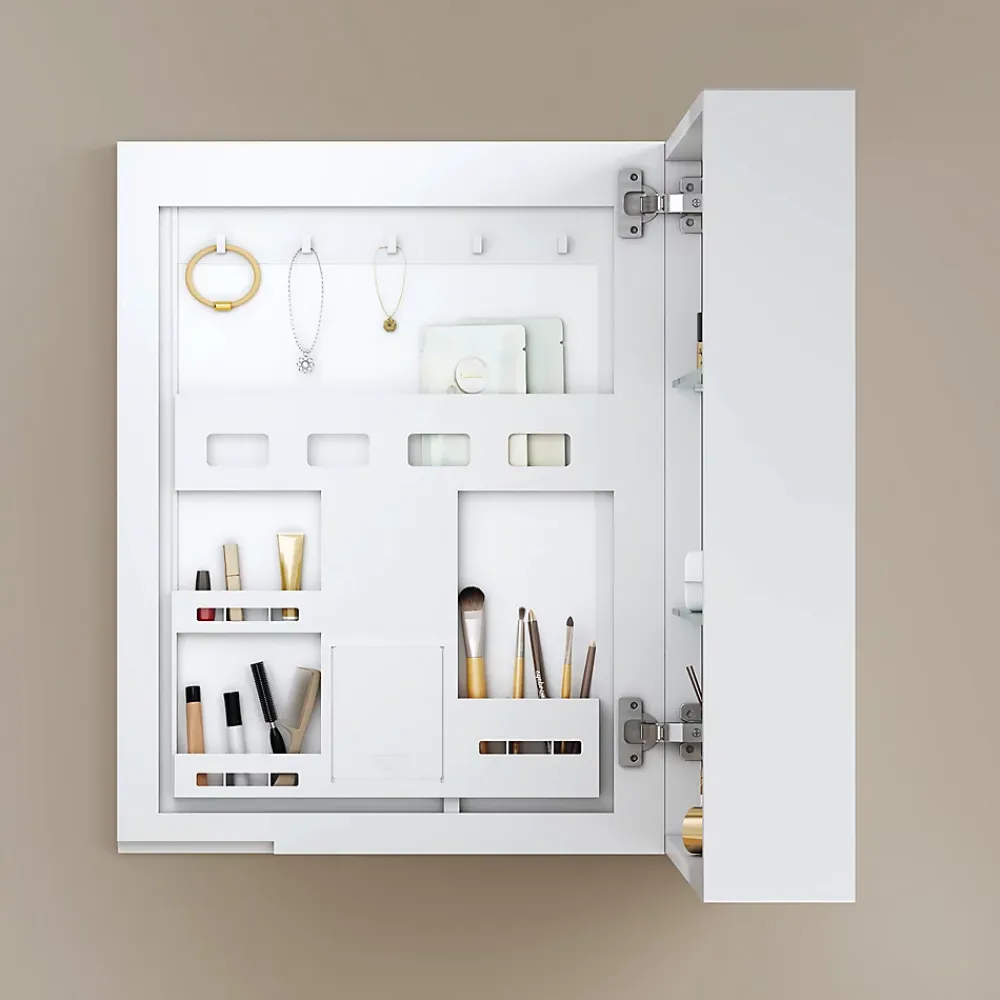 Armoire De Toilette|EMKE Armoires de toilette 1 Porte 65x50cm , Porte Miroir avec Rangement intégré, Tablettes en verre réglables, Blanc