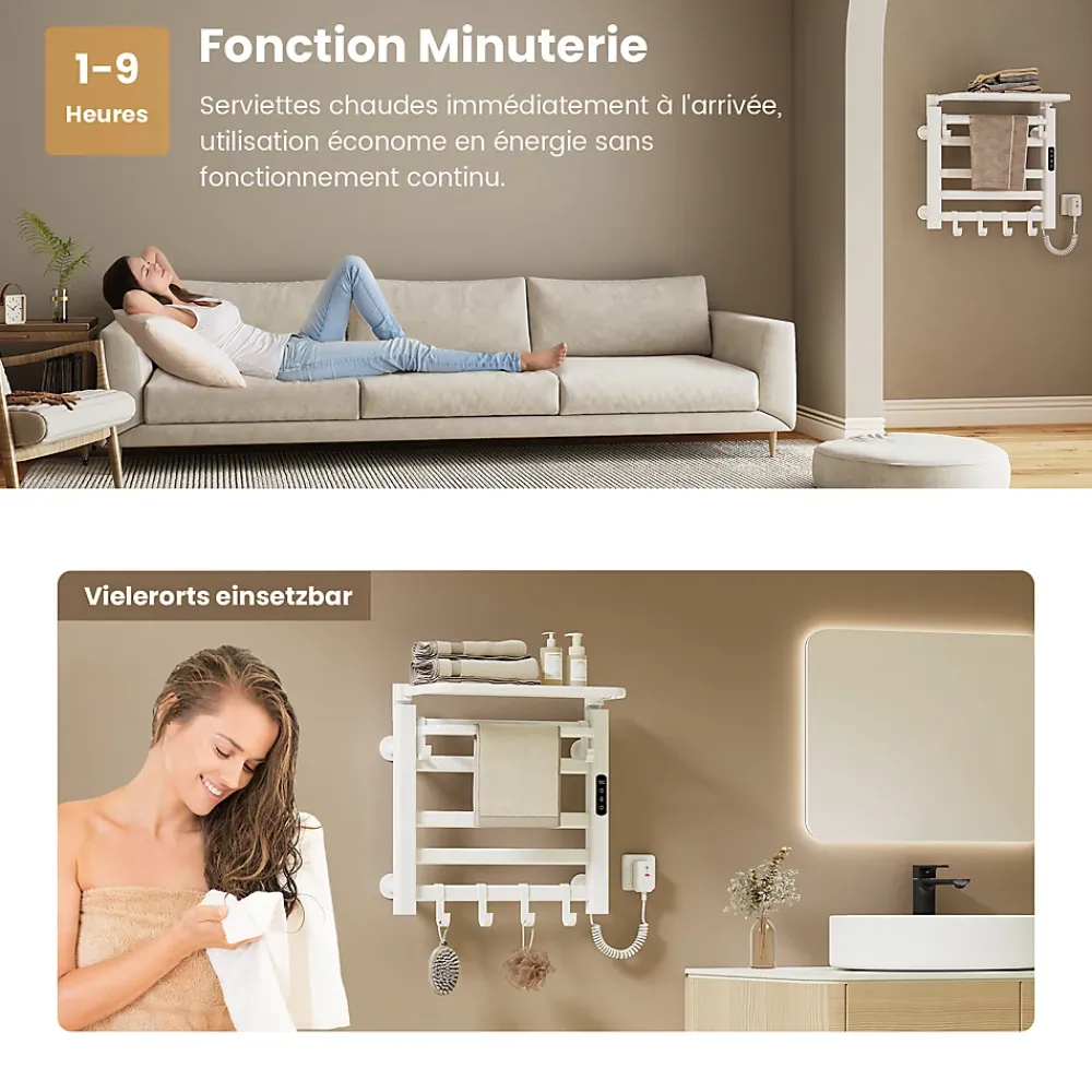 Sèche-Serviettes Électrique|EMKE Chauffe-serviettes Électrique 50x50cm, Thermostat Intelligent WiFi, Radiateur de Salle de Bain Électrique, Blanc
