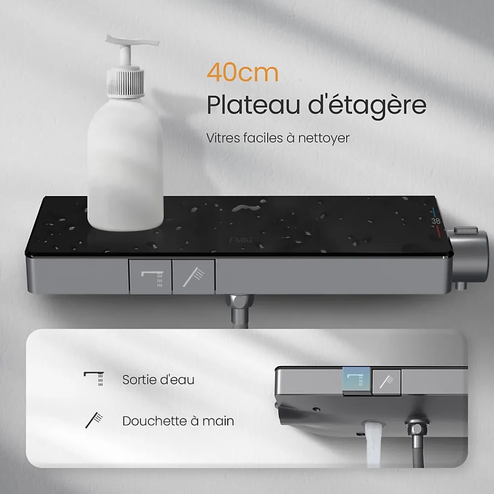 Colonne De Douche Thermostatique|EMKE Colonne de Douche avec douche theramostat à Grande douche de tête et douchette multimode, Cercle, anthracite