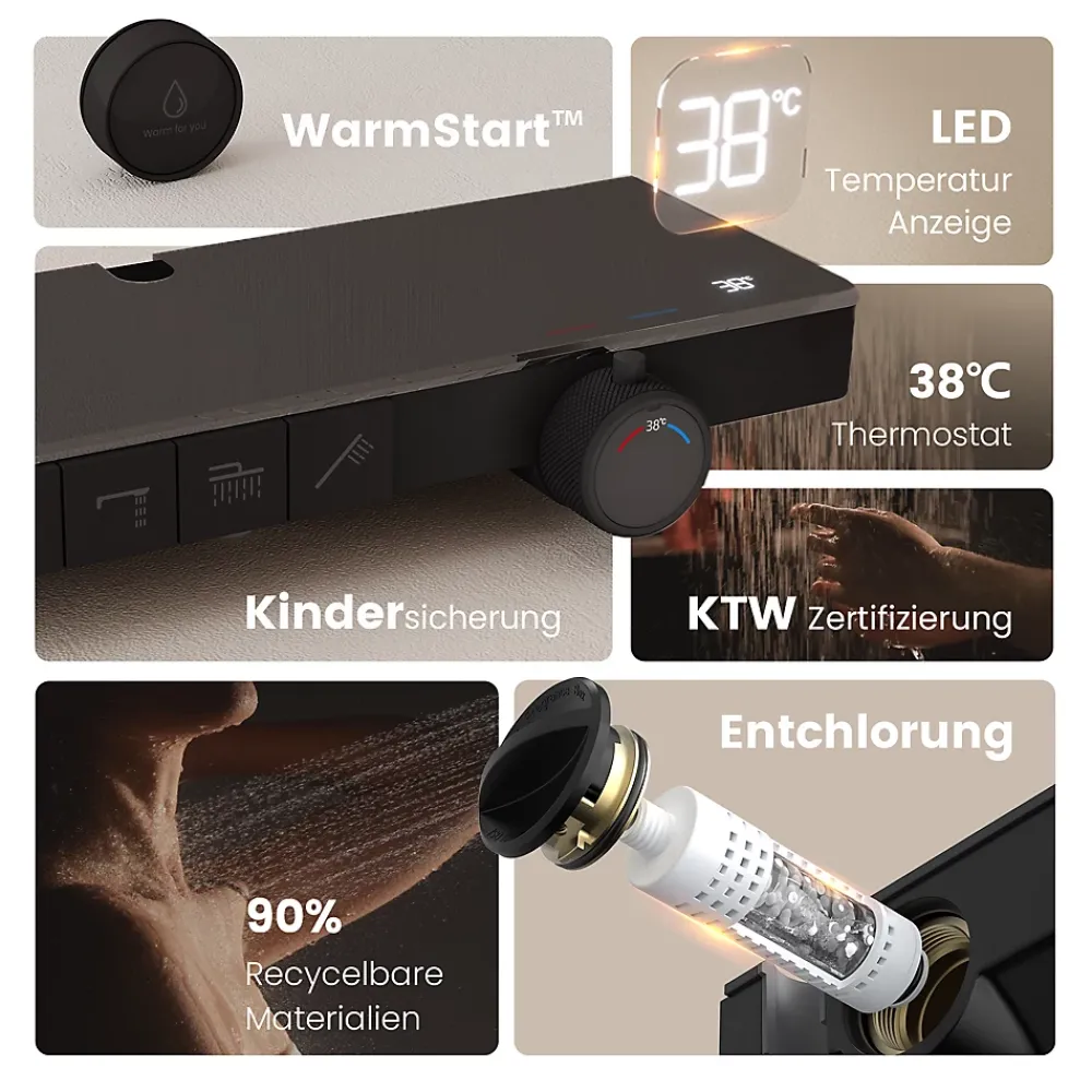 Colonne De Douche Thermostatique|EMKE Colonne de douche avec thermostat Télécommande Douche pluie étagère en verre avec des enfants porte douchette noir