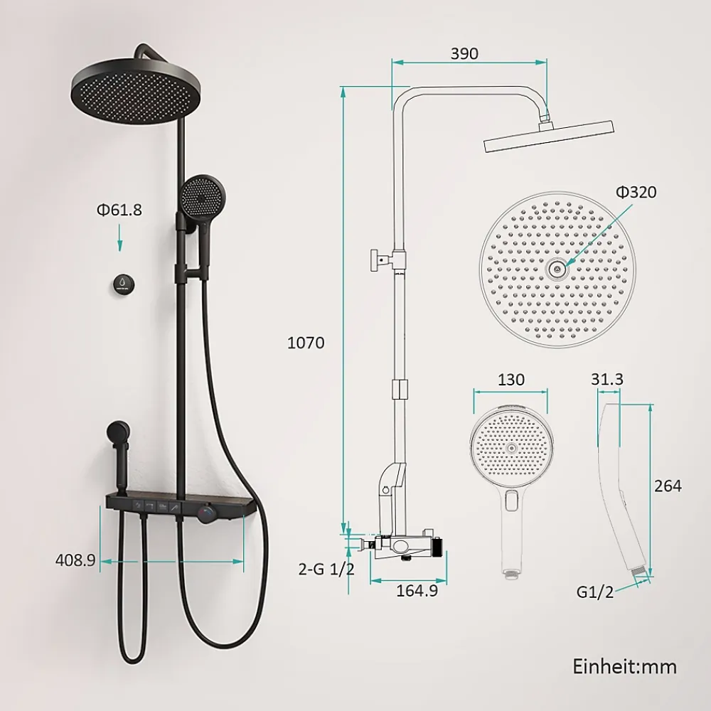 Colonne De Douche Thermostatique|EMKE Colonne de douche avec thermostat Télécommande Douche pluie étagère en verre avec des enfants porte douchette noir