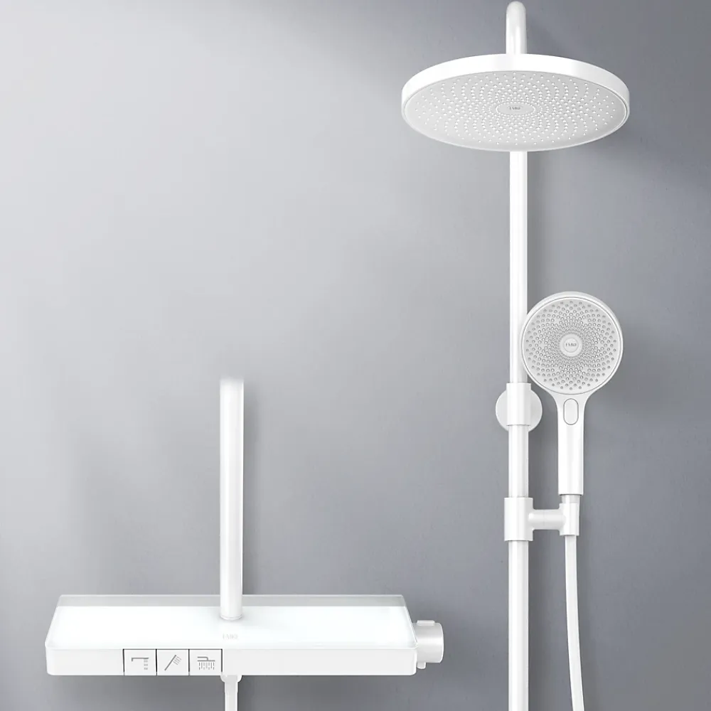 EMKE Colonne de Douche avec douche theramostat à Grande douche de tête et douchette multimode, Cercle, blanc