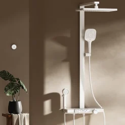Colonne De Douche Thermostatique|EMKE Colonne de douche avec thermostat Télécommande Douche pluie étagère en verre avec des enfants porte douchette blanc