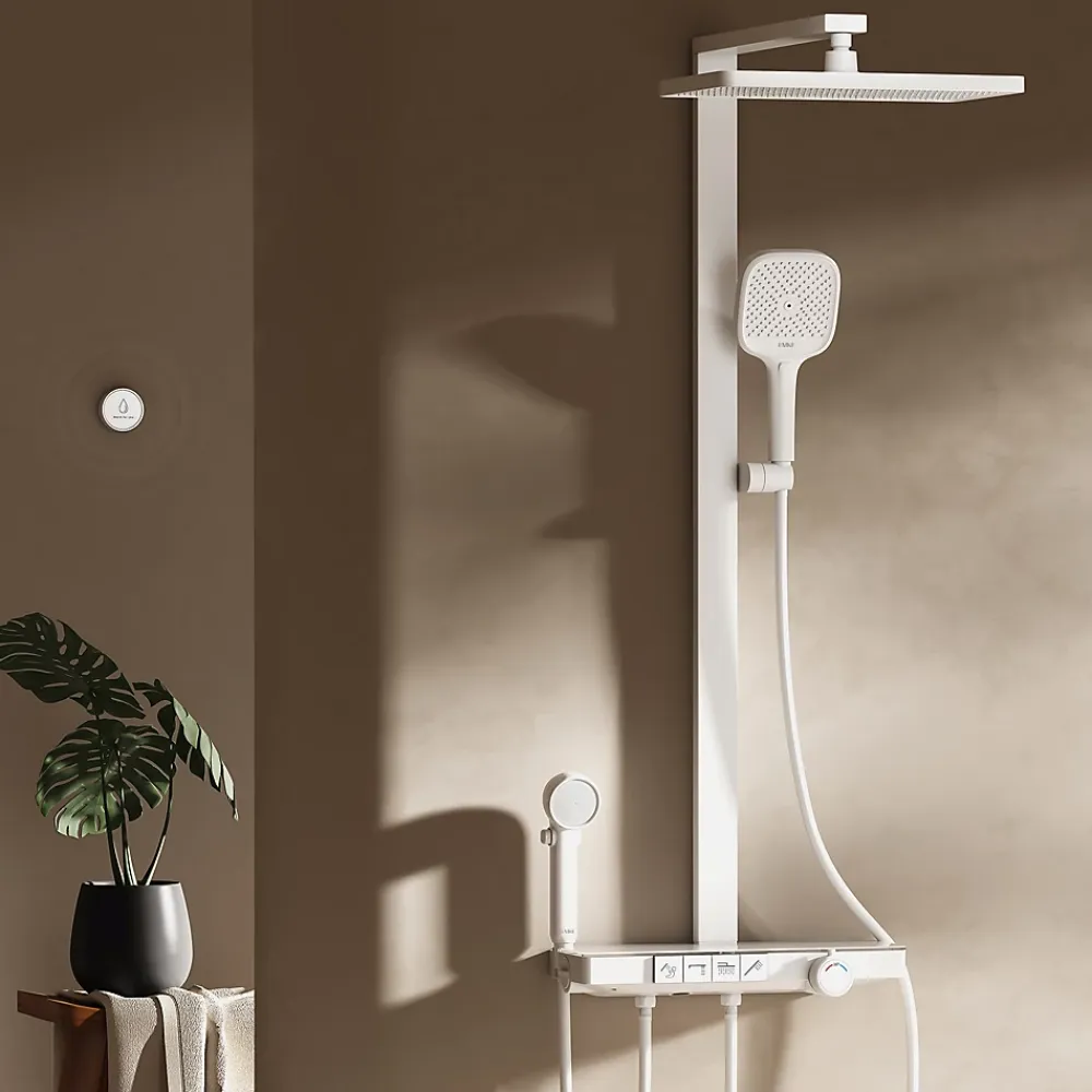 Colonne De Douche Thermostatique|EMKE Colonne de douche avec thermostat Télécommande Douche pluie étagère en verre avec des enfants porte douchette blanc