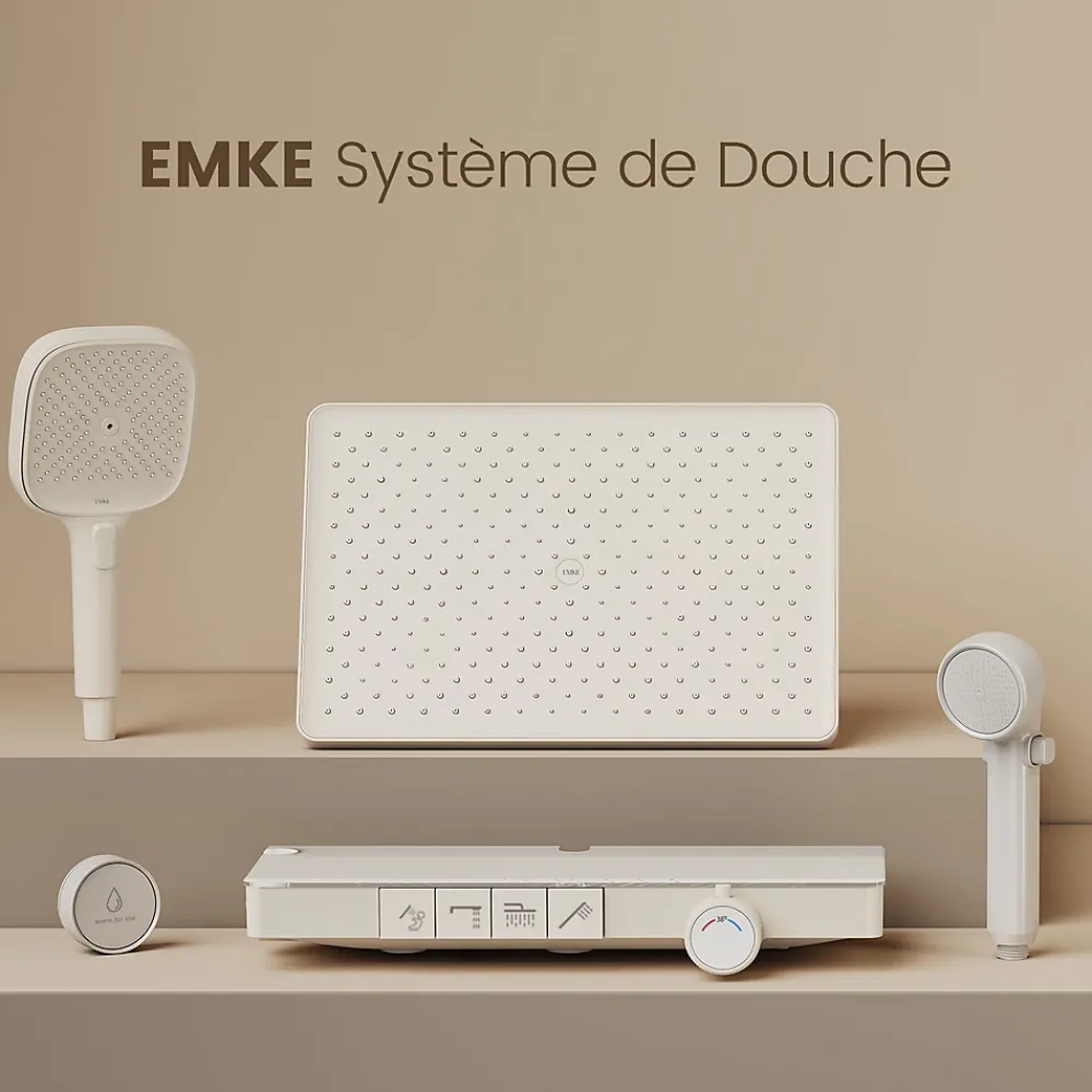 Colonne De Douche Thermostatique|EMKE Colonne de douche avec thermostat Télécommande Douche pluie étagère en verre avec des enfants porte douchette blanc