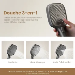 EMKE Colonne de douche avec thermostat Télécommande Douche pluie étagère en verre avec des enfants porte douchette anthracite