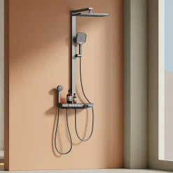 EMKE Colonne de douche avec thermostat Télécommande Douche pluie étagère en verre avec des enfants porte douchette anthracite