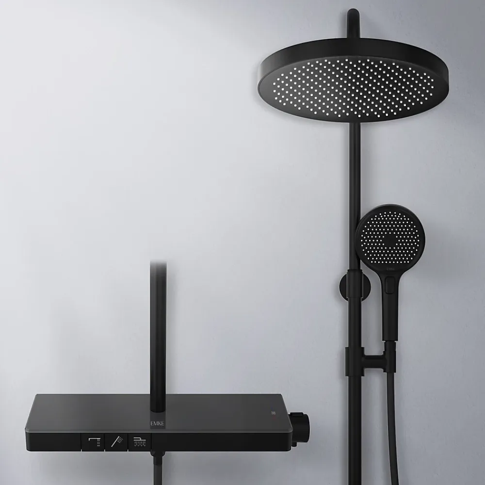EMKE Colonne de Douche avec douche theramostat à Grande douche de tête et douchette multimode, Cercle, noir