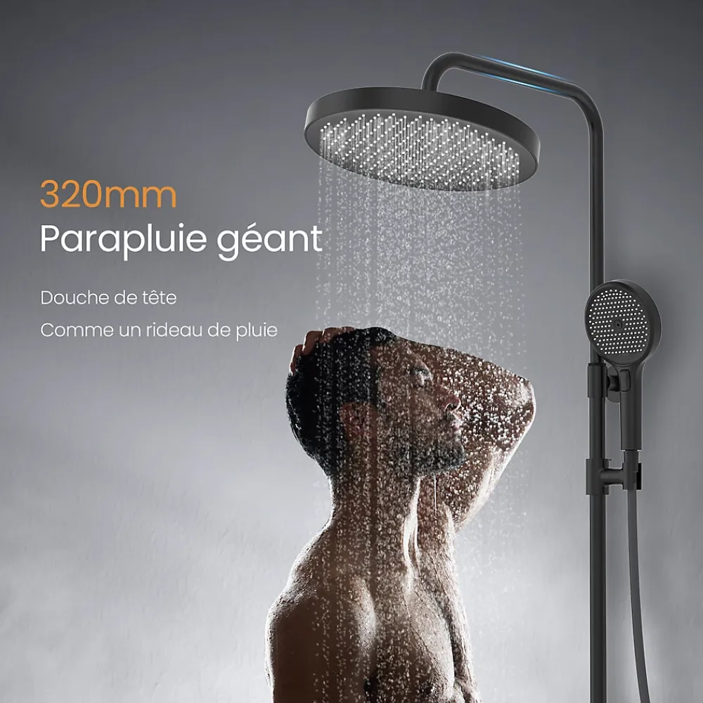EMKE Colonne de Douche avec douche theramostat à Grande douche de tête et douchette multimode, Cercle, noir