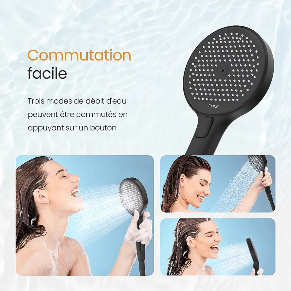 EMKE Colonne de Douche avec douche theramostat à Grande douche de tête et douchette multimode, Cercle, noir