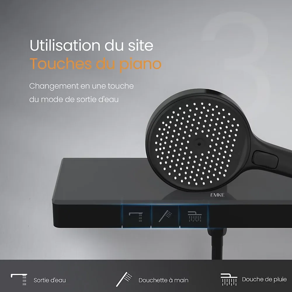 EMKE Colonne de Douche avec douche theramostat à Grande douche de tête et douchette multimode, Cercle, noir