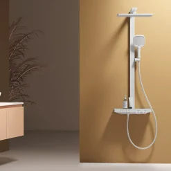 EMKE Colonne de douche thermostatique, pluie 36x24 cm, douchette 4 jets, débit réglable, barre et flexible inclus, blanc