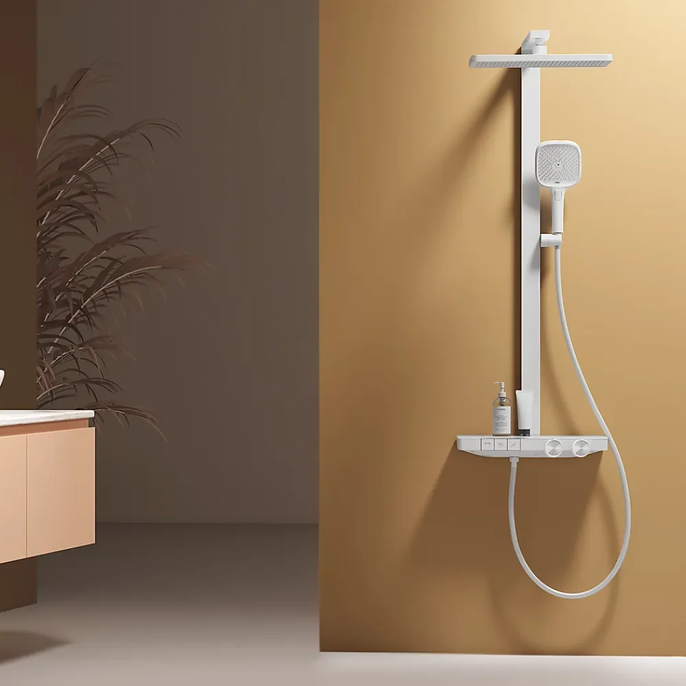 EMKE Colonne de douche thermostatique, pluie 36x24 cm, douchette 4 jets, débit réglable, barre et flexible inclus, blanc