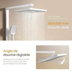 EMKE Colonne de douche thermostatique, pluie 36x24 cm, douchette 4 jets, débit réglable, barre et flexible inclus, blanc