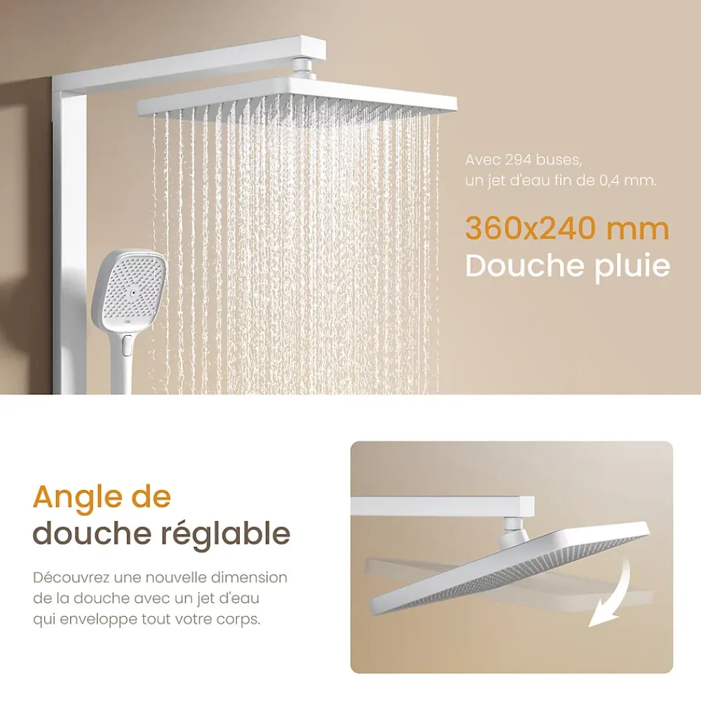 EMKE Colonne de douche thermostatique, pluie 36x24 cm, douchette 4 jets, débit réglable, barre et flexible inclus, blanc