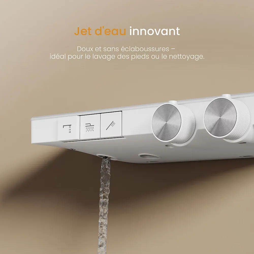 EMKE Colonne de douche thermostatique, pluie 36x24 cm, douchette 4 jets, débit réglable, barre et flexible inclus, blanc
