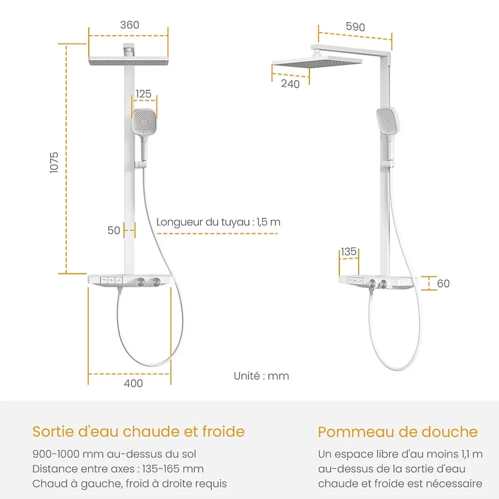 EMKE Colonne de douche thermostatique, pluie 36x24 cm, douchette 4 jets, débit réglable, barre et flexible inclus, blanc