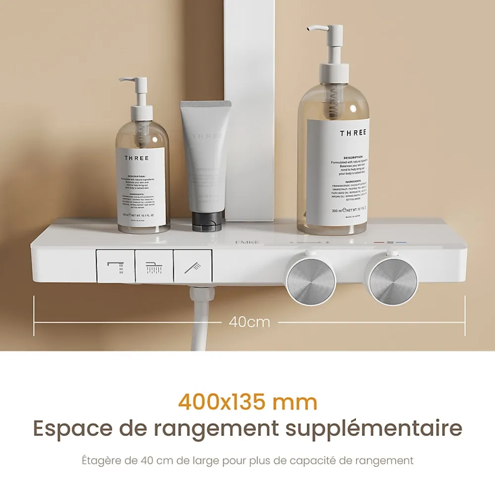 EMKE Colonne de douche thermostatique, pluie 36x24 cm, douchette 4 jets, débit réglable, barre et flexible inclus, blanc