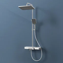Colonne De Douche Thermostatique|EMKE Colonne de douche Thermostat, 45 x 13 cm étagères en verre, 3 types de jets, douche à effet pluie, Certification KTW, Chrome