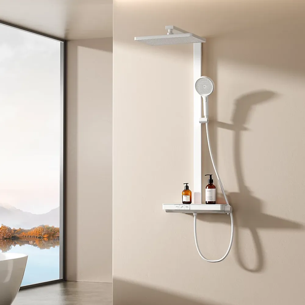 EMKE Colonne de douche thermostatique, plaque pluie 40 cm, douchette 4 jets, barre et robinetterie, blanc mat
