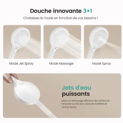EMKE Colonne de douche thermostatique, plaque pluie 40 cm, douchette 4 jets, barre et robinetterie, blanc mat