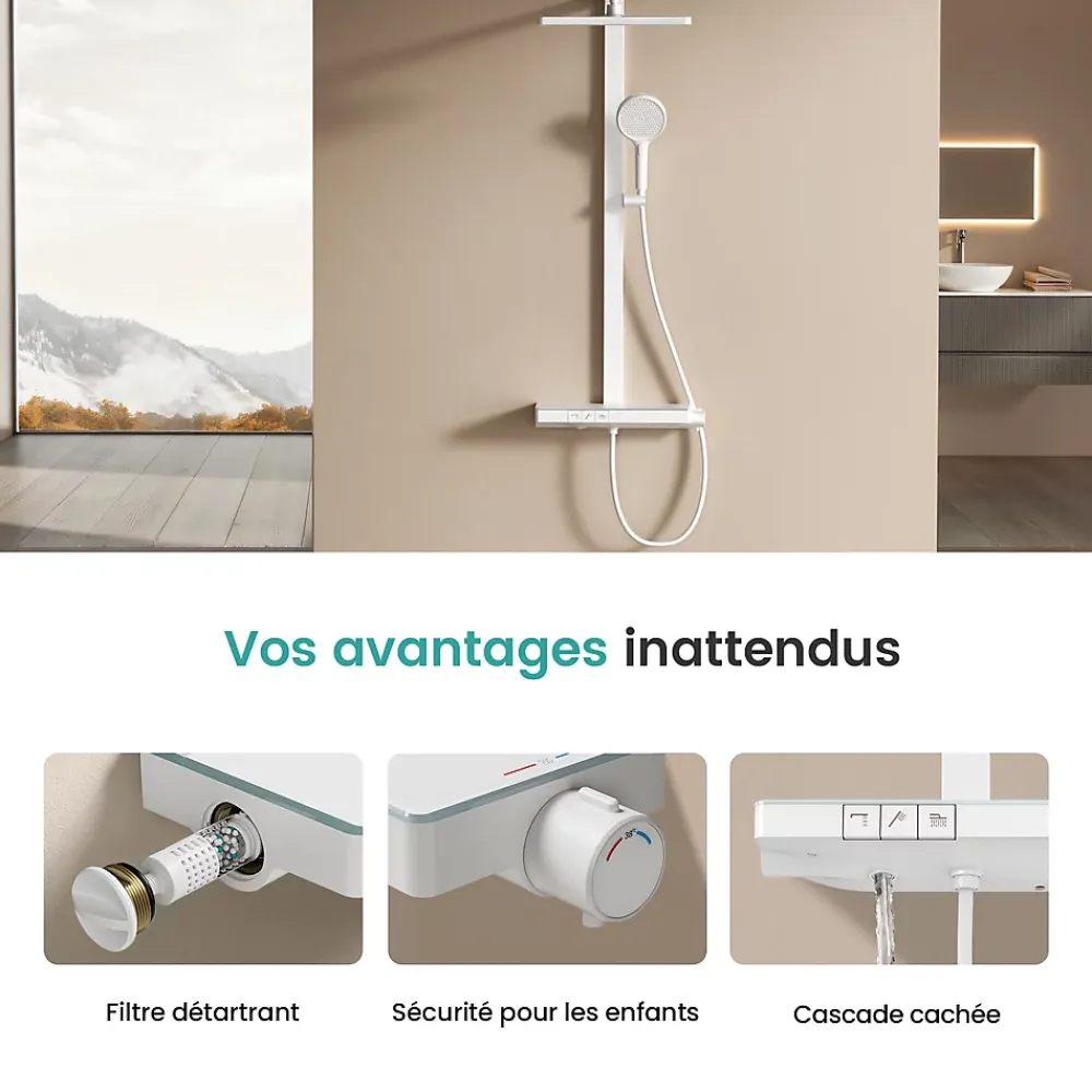 EMKE Colonne de douche thermostatique, plaque pluie 40 cm, douchette 4 jets, barre et robinetterie, blanc mat