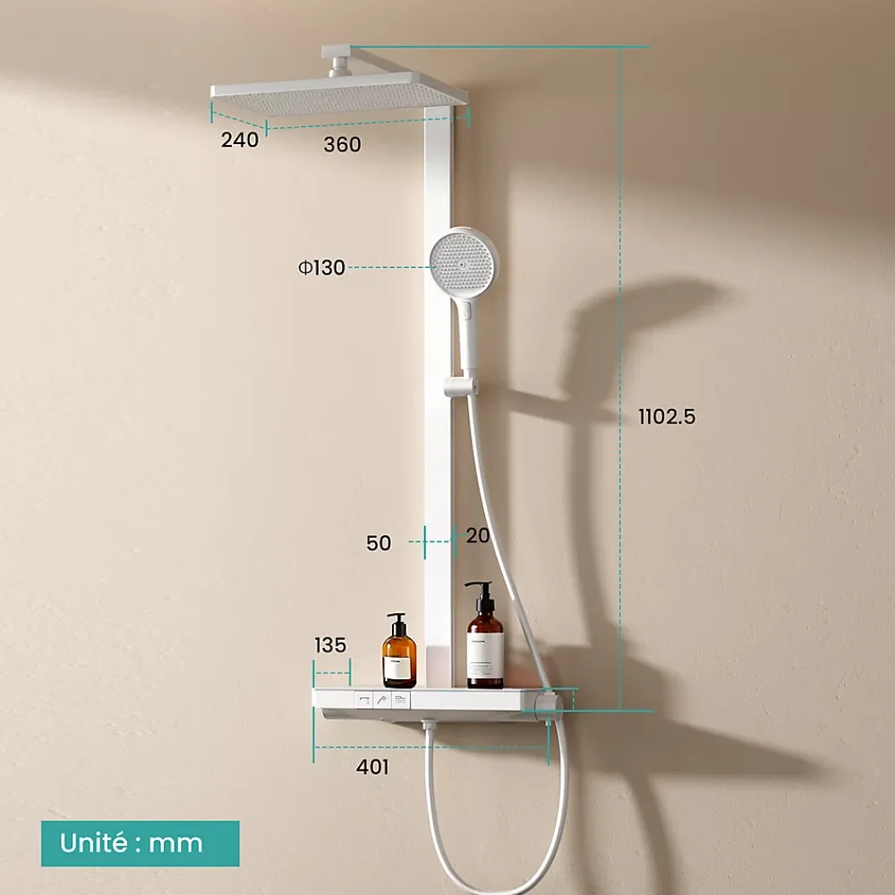 EMKE Colonne de douche thermostatique, plaque pluie 40 cm, douchette 4 jets, barre et robinetterie, blanc mat