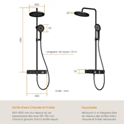 EMKE Colonne de douche Thermostat Noir - Effet pluie 26 cm, Douchette 3 jets, Régulation innovante du débit, Système de douche