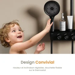 EMKE Colonne de douche Thermostat Noir - Effet pluie 26 cm, Douchette 3 jets, Régulation innovante du débit, Système de douche