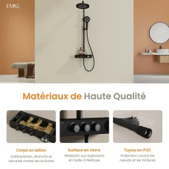 EMKE Colonne de douche Thermostat Noir - Effet pluie 26 cm, Douchette 3 jets, Régulation innovante du débit, Système de douche