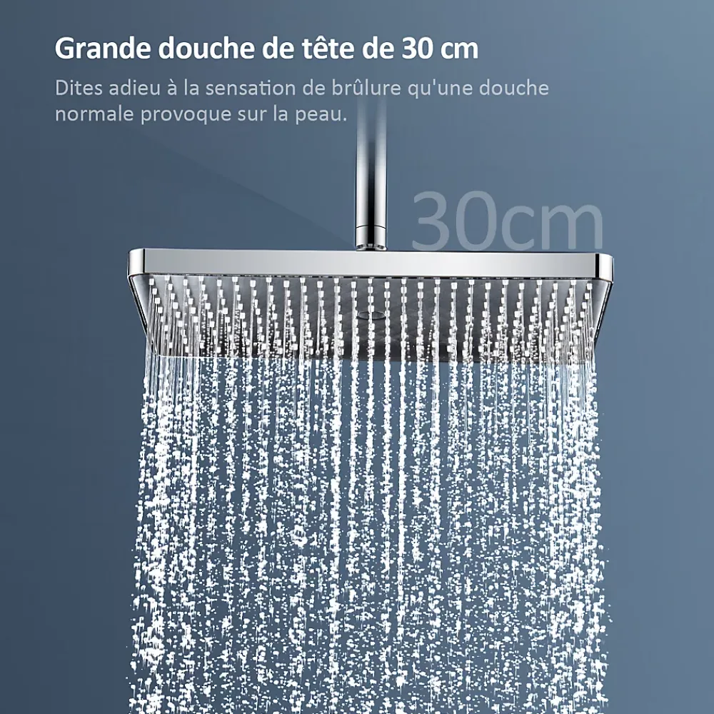 Colonne De Douche Thermostatique|EMKE Colonne de douche thermostat, douchette à 3 puissances de jet, jet cascade, set de douche avec étagère en verre, Chrome