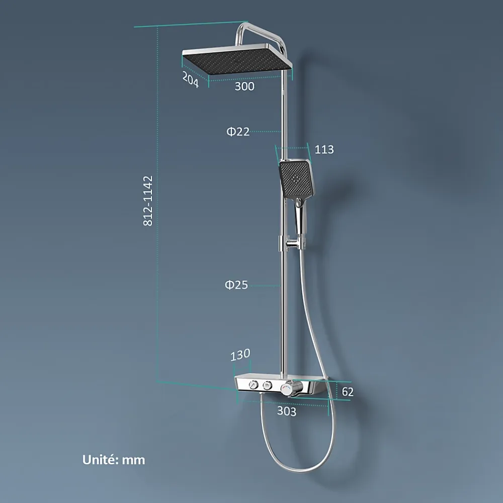 Colonne De Douche Thermostatique|EMKE Colonne de douche thermostat, douchette à 3 puissances de jet, jet cascade, set de douche avec étagère en verre, Chrome