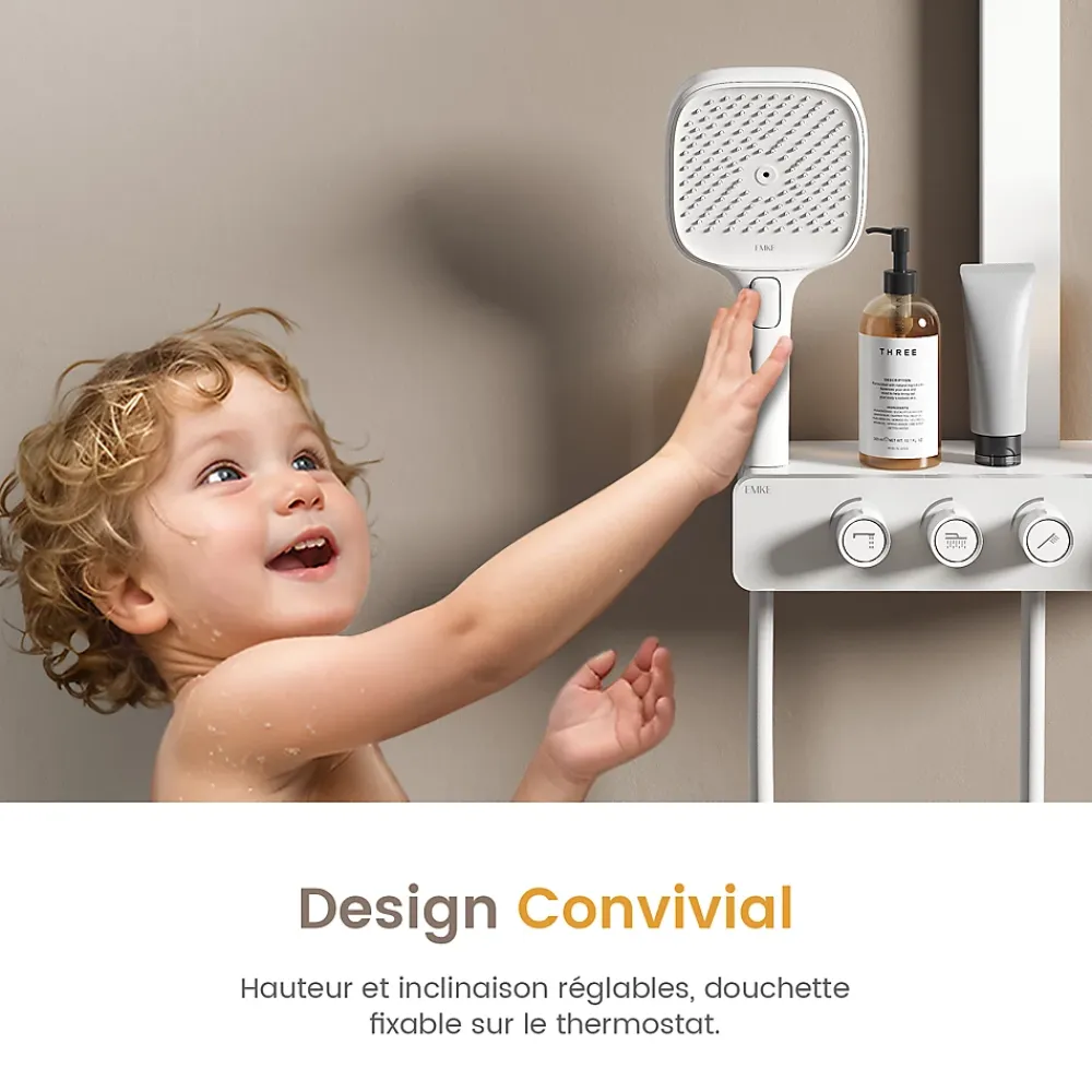 EMKE Colonne de Douche Thermostat, Pommeau Pluie 36x24 cm, Douchette 3 Jets, Blanc