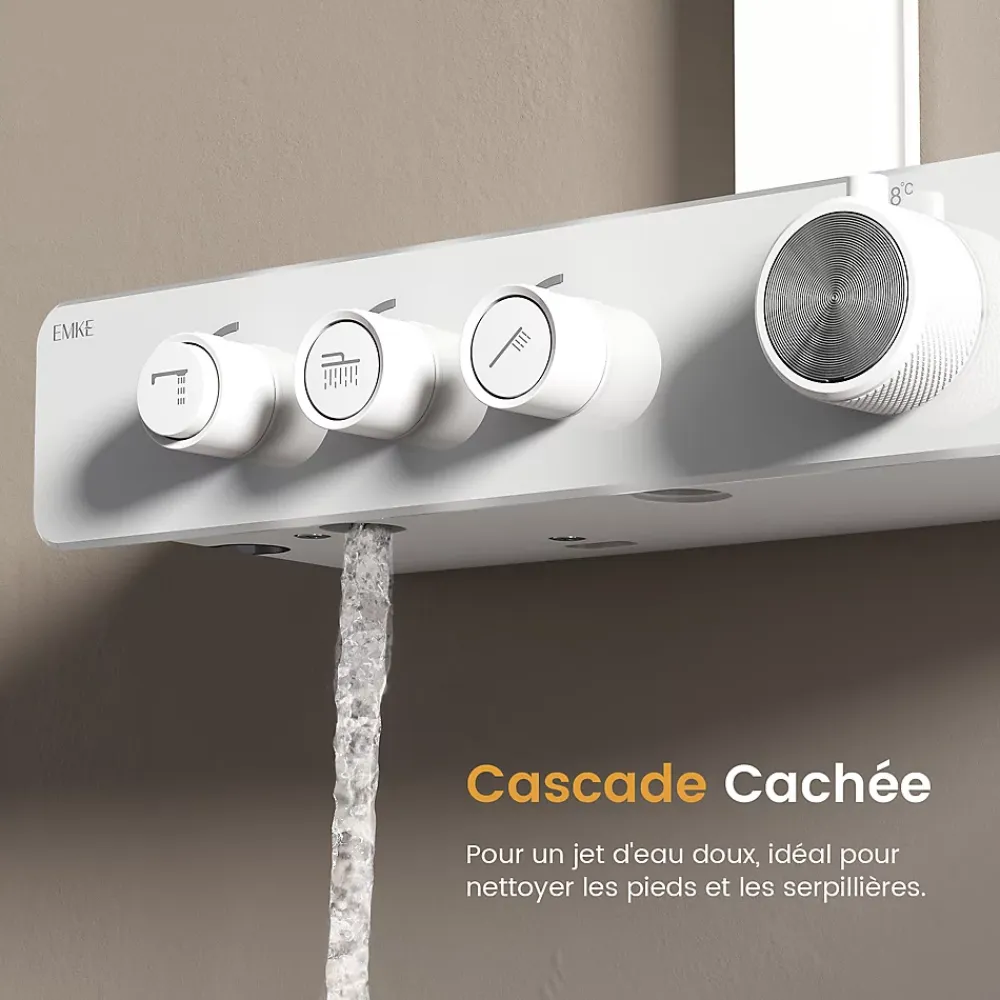 EMKE Colonne de Douche Thermostat, Pommeau Pluie 36x24 cm, Douchette 3 Jets, Blanc